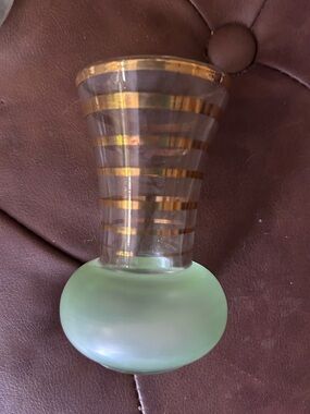 Vintage MCM Libbey Green Frosted Glass Bud Vase with Gold Accent Stripes